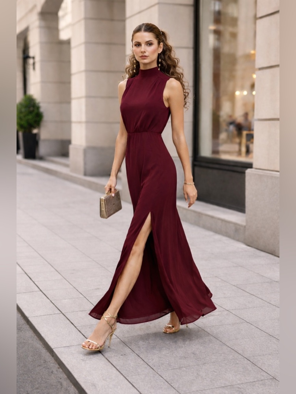 LULUS Classic Elegance Chiffon Sleeveless Mock Neck Maxi Dress Wine Plum XL